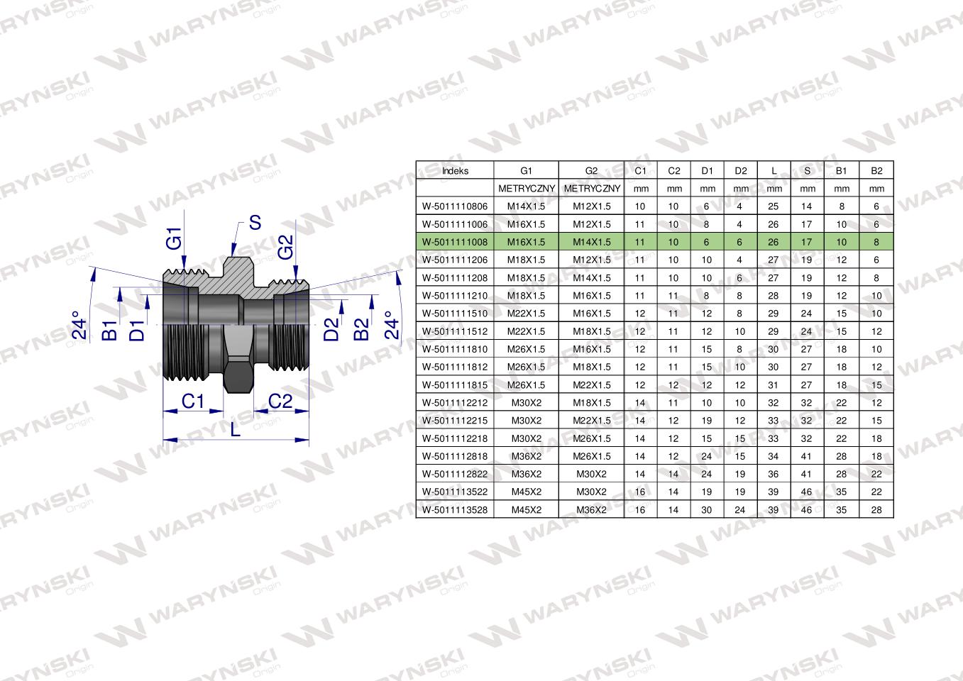 Złączka hydrauliczna redukcyjna metryczna BB M16x1.5 10L / M14x1.5 08L (XG) Waryński ( sprzedawane po 5 )