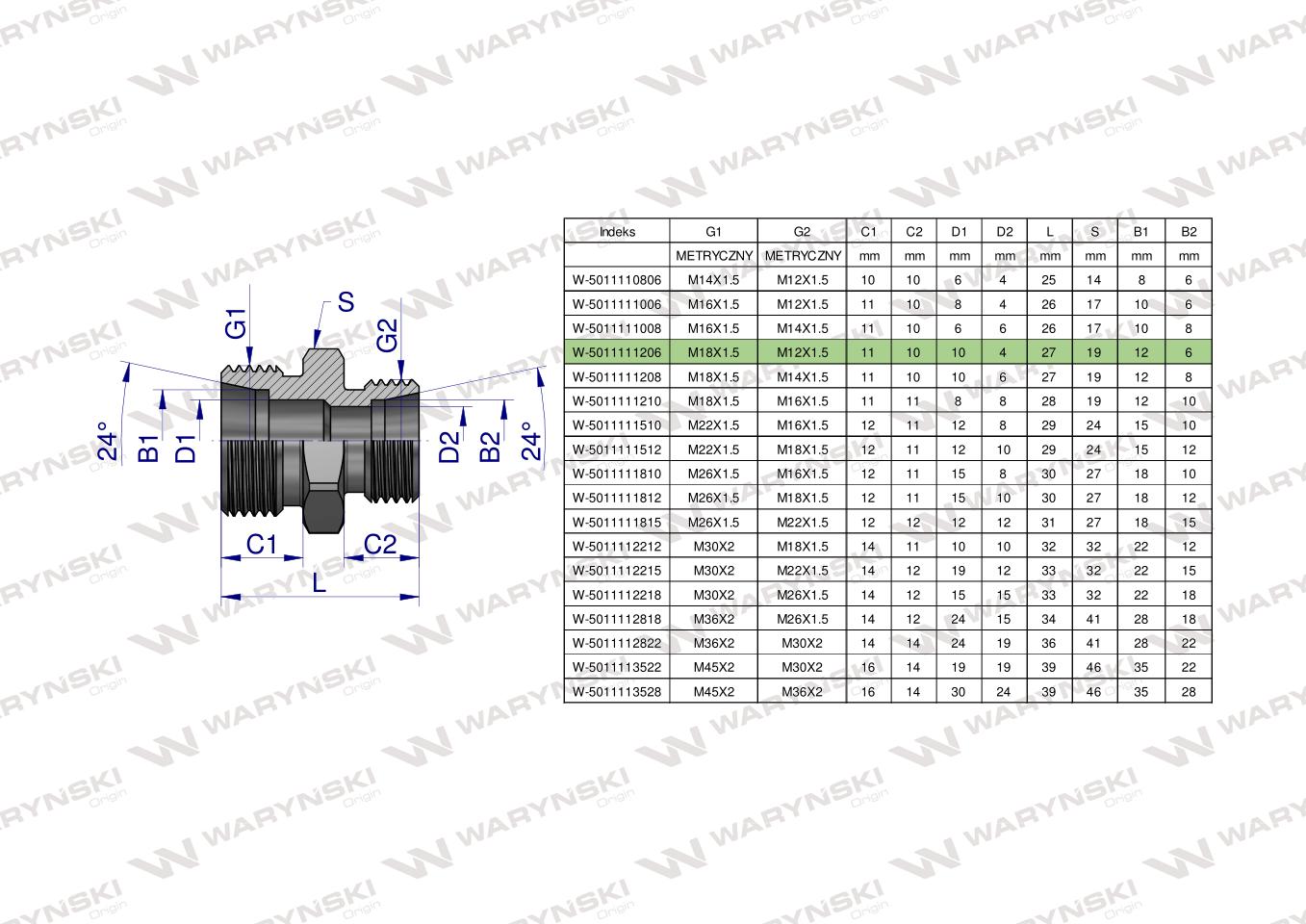 Złączka hydrauliczna redukcyjna metryczna BB M18x1.5 12L / M12x1.5 06L (XG) Waryński ( sprzedawane po 5 )