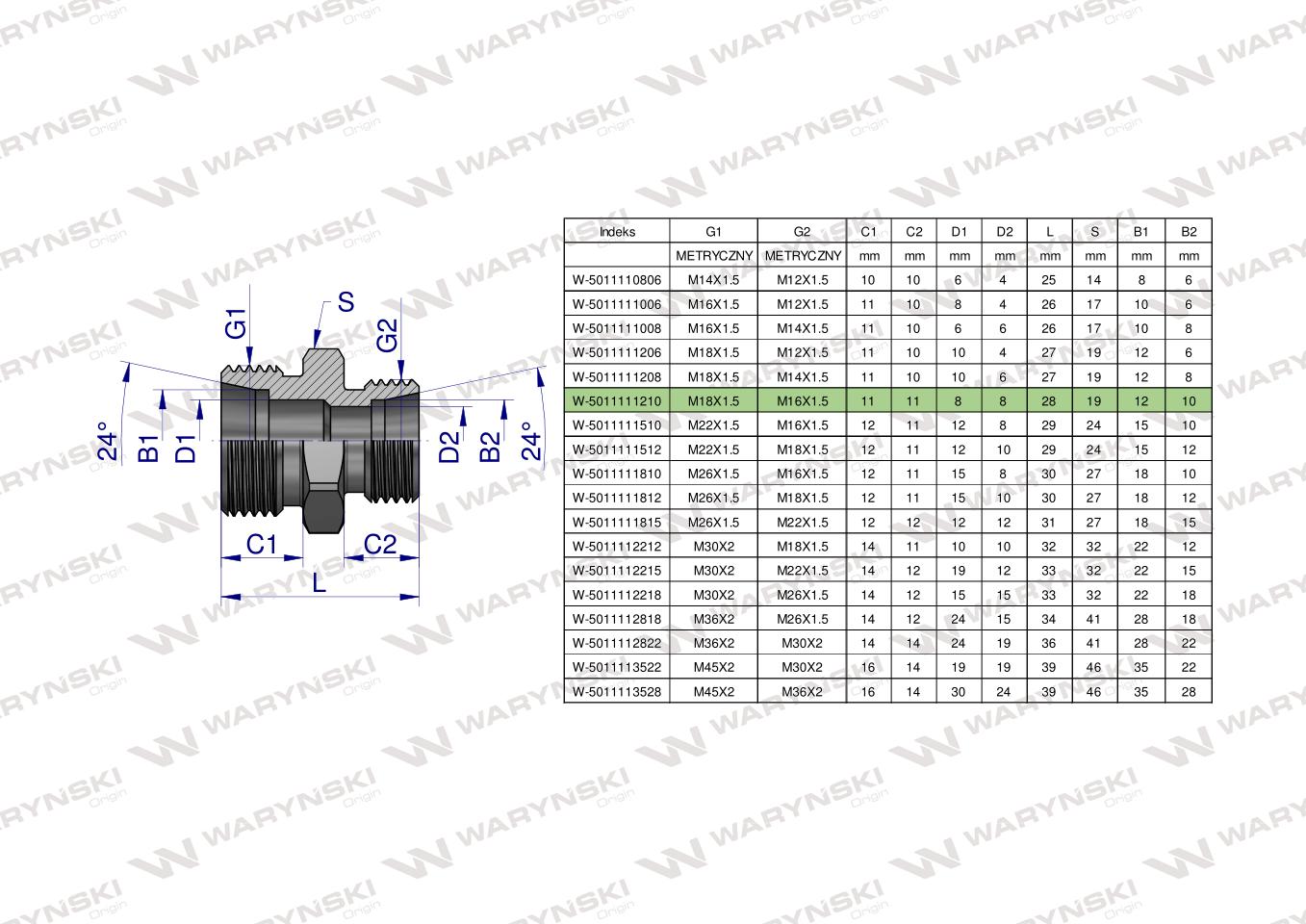 Złączka hydrauliczna redukcyjna metryczna BB M18x1.5 12L / M16x1.5 10L (XG) Waryński ( sprzedawane po 10 )
