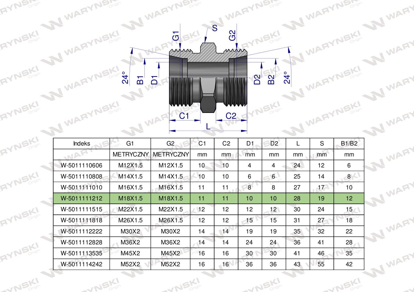 Złączka hydrauliczna metryczna BB M18x1.5 12L (XG) Waryński ( sprzedawane po 10 )