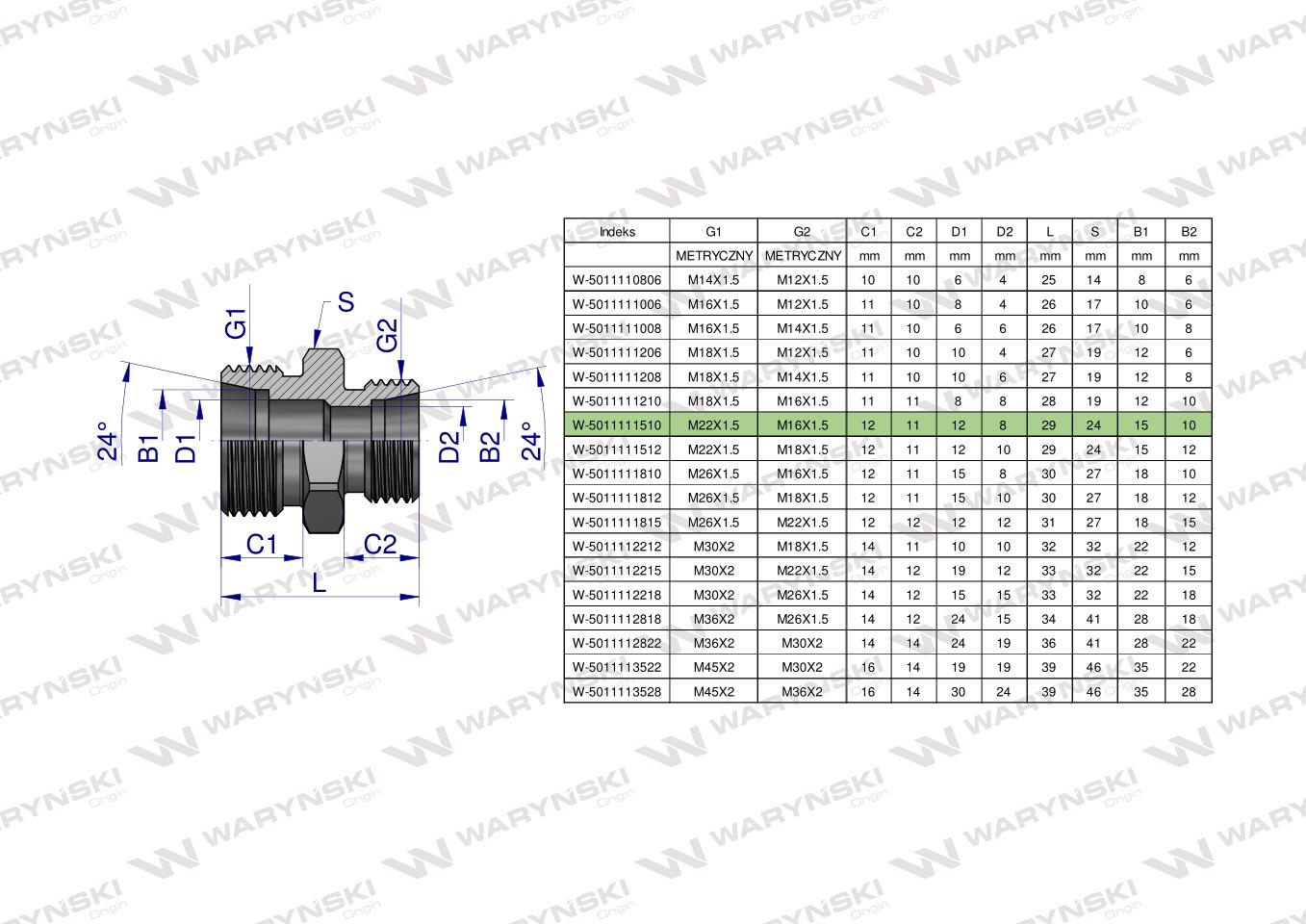 Złączka hydrauliczna redukcyjna metryczna BB M22x1.5 15L / M16x1.5 10L (XG) Waryński ( sprzedawane po 10 )