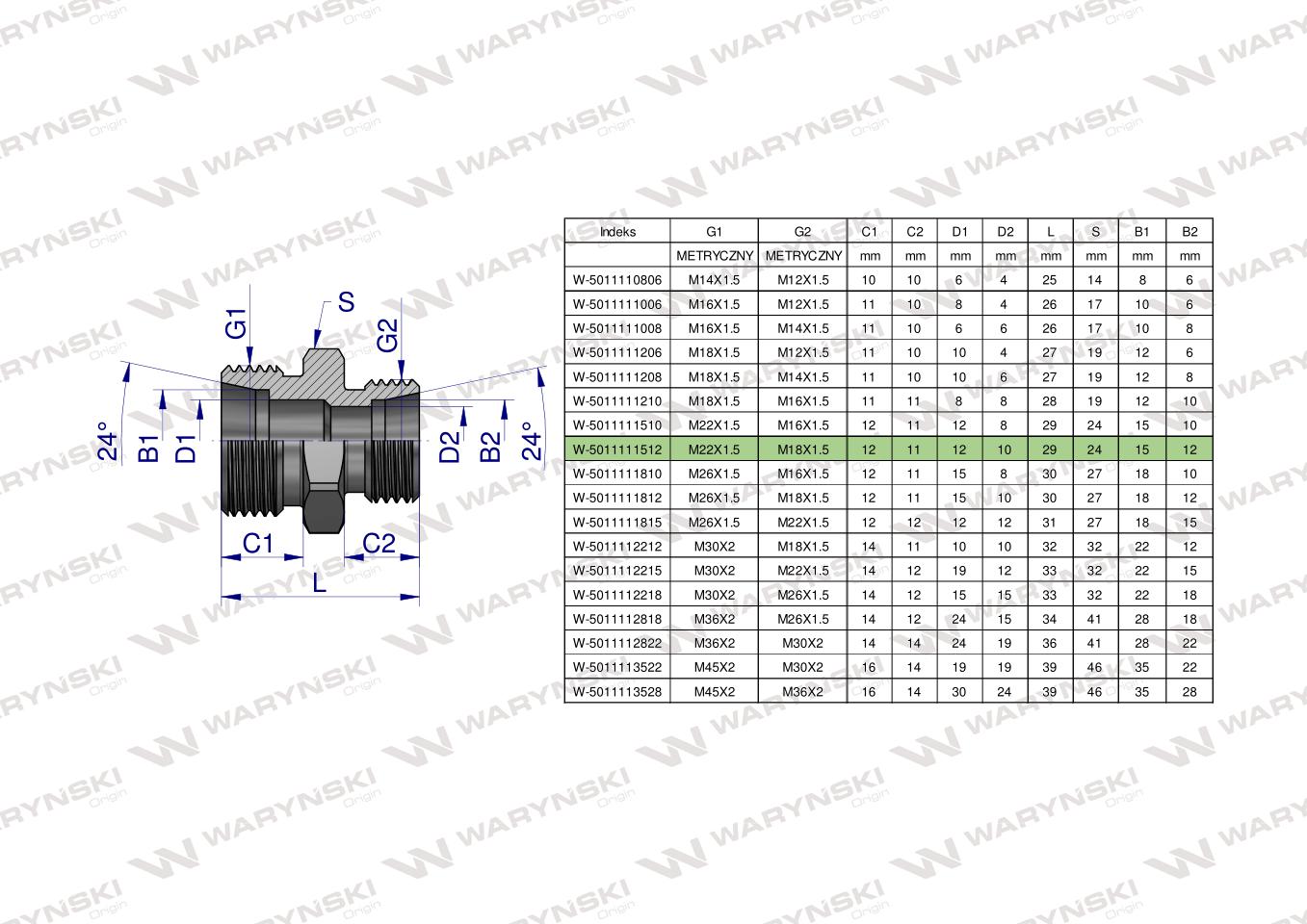 Złączka hydrauliczna redukcyjna metryczna BB 22/18  M22x1.5 15L / M18x1.5 12L (XG) Waryński ( sprzedawane po 10 )