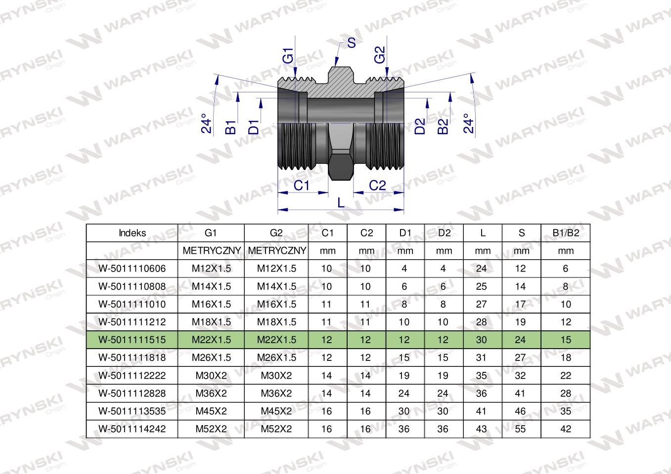 Złączka hydrauliczna metryczna BB M22x1.5 15L (XG) Waryński ( sprzedawane po 10 )