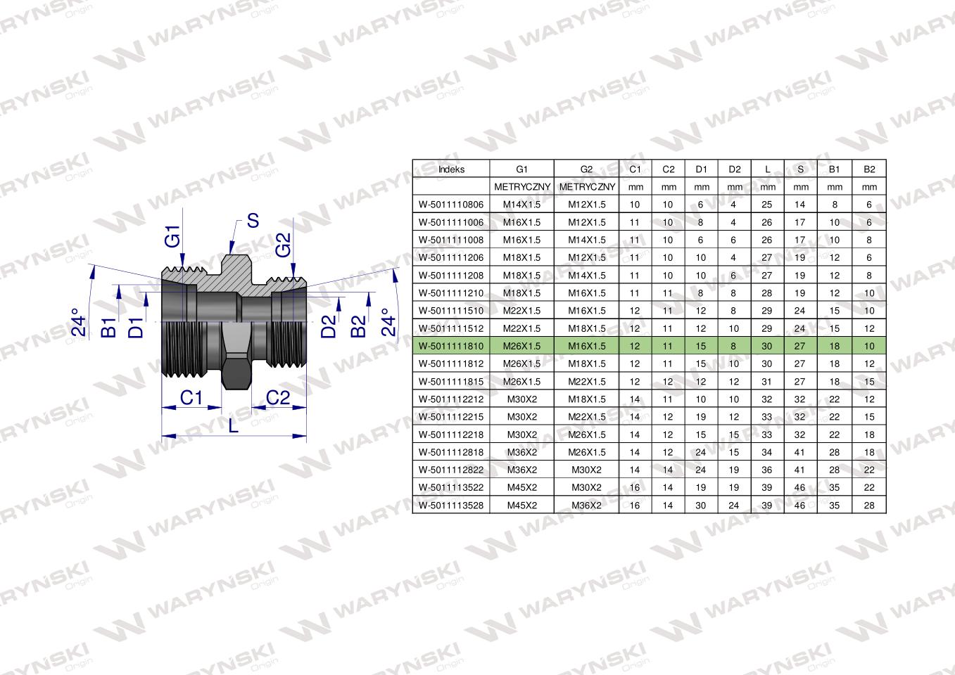 Złączka hydrauliczna redukcyjna metryczna BB M26x1.5 18L / M16x1.5 10L (XG) Waryński ( sprzedawane po 2 )