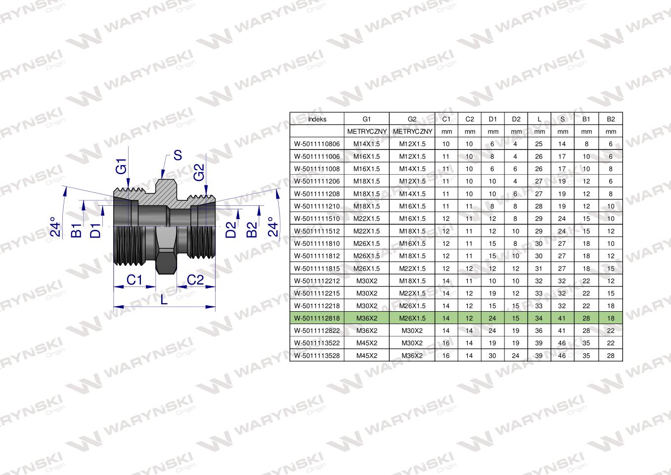 Złączka hydrauliczna redukcyjna metryczna BB M36x2 28L / M26x1.5 18L (XG) Waryński