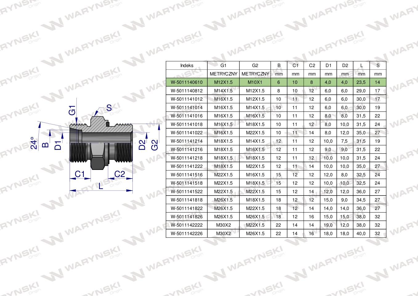 Przyłączka hydrauliczna metryczna BB (XGE) M12x1.5 06L x M10x1 ED Waryński ( sprzedawane po 5 )
