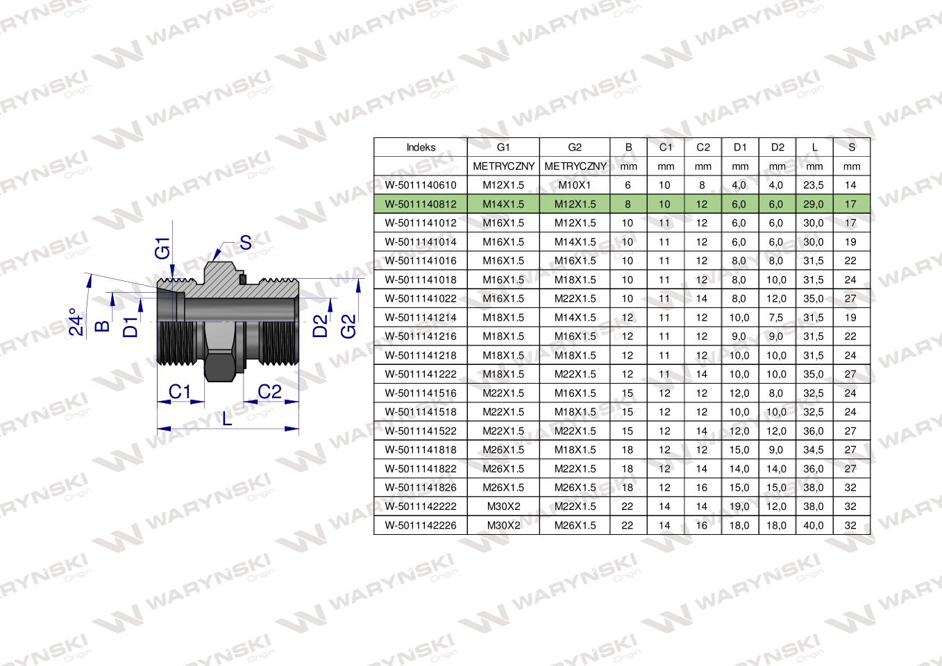 Przyłączka hydrauliczna metryczna BB (XGE) M14x1.5 08L x M12x1.5 ED Waryński ( sprzedawane po 5 )