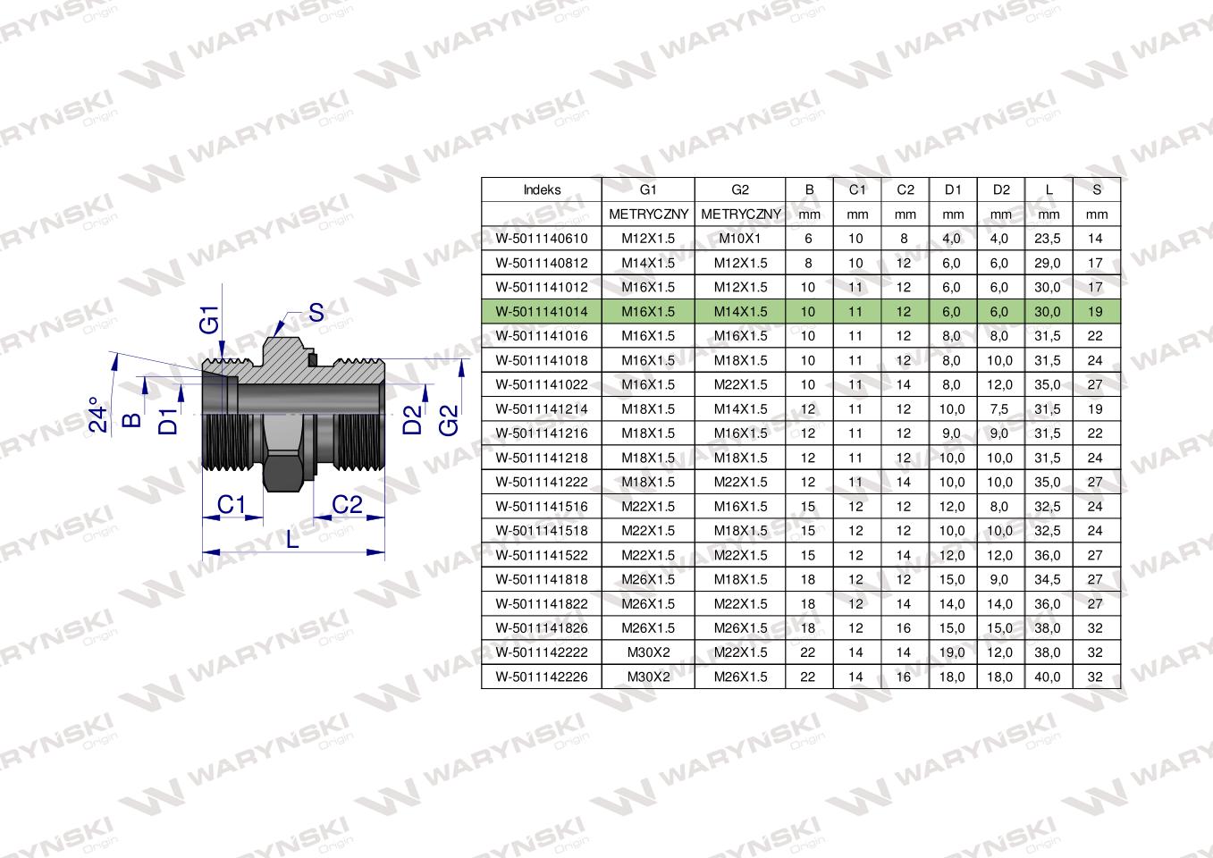 Przyłączka hydrauliczna metryczna BB (XGE) M16x1.5 10L x M14x1.5 ED Waryński ( sprzedawane po 5 )