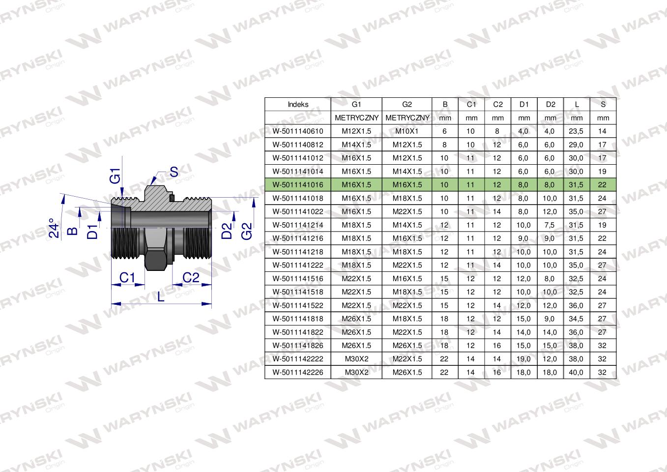 Przyłączka hydrauliczna metryczna BB (XGE) M16x1.5 10L x M16x1.5 ED Waryński ( sprzedawane po 5 )