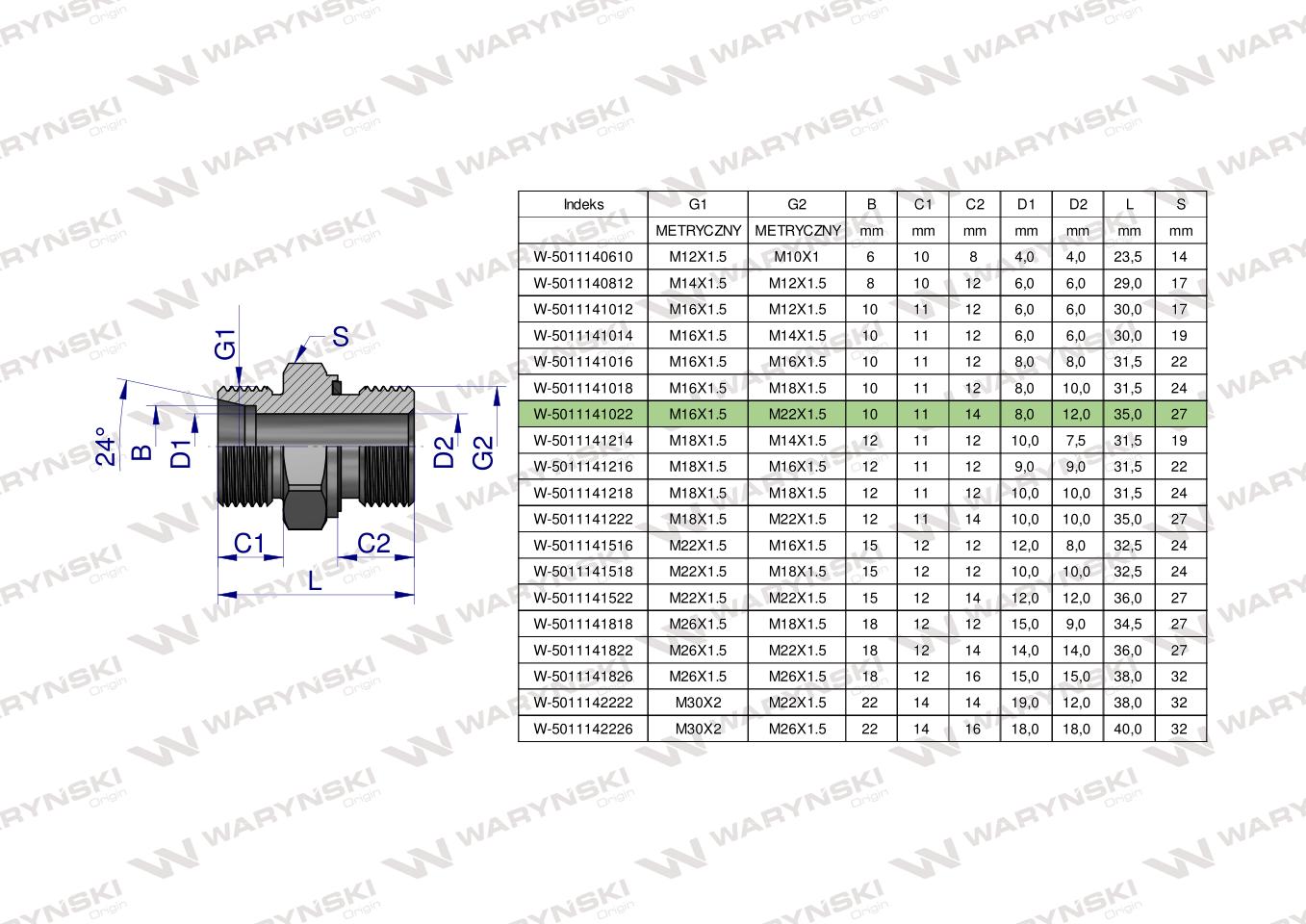 Przyłączka hydrauliczna metryczna BB (XGE) M16x1.5 10L x M22x1.5 ED Waryński ( sprzedawane po 5 )