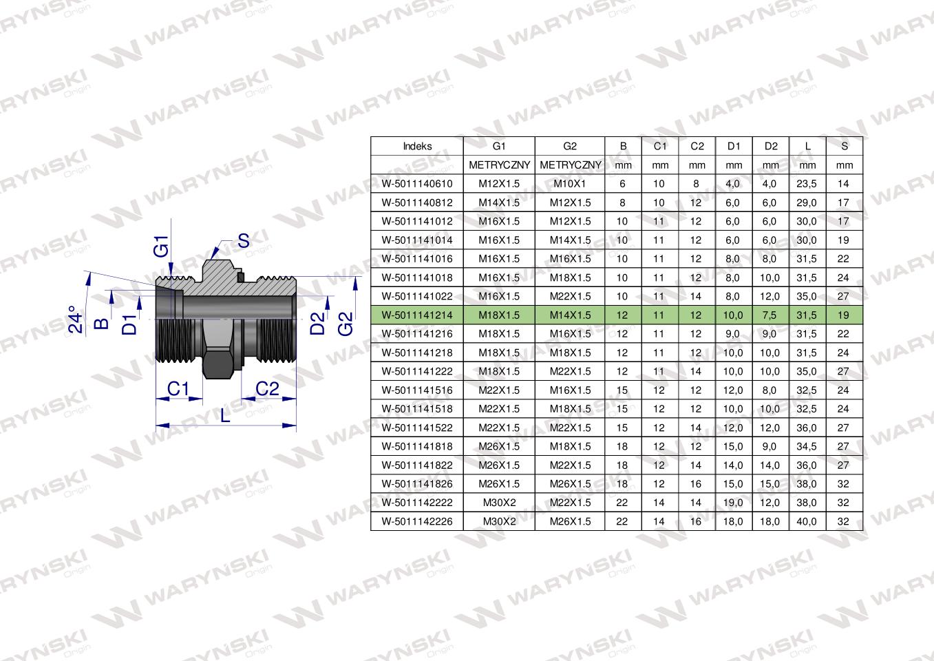 Przyłączka hydrauliczna metryczna BB (XGE) M18x1.5 12L x M14x1.5 ED Waryński ( sprzedawane po 5 )