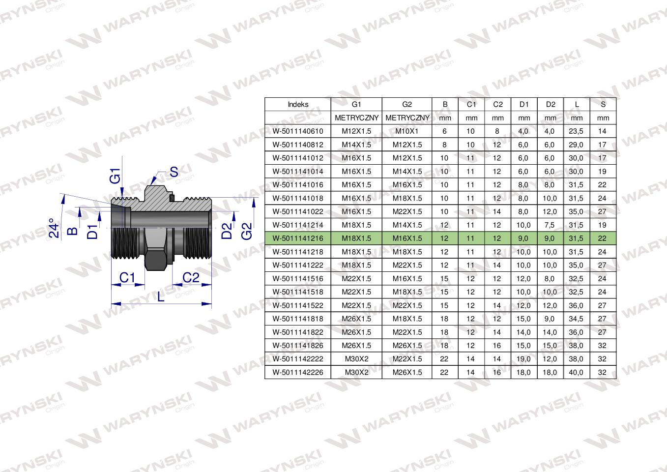 Przyłączka hydrauliczna metryczna BB (XGE) M18x1.5 12L x M16x1.5 ED Waryński ( sprzedawane po 10 )