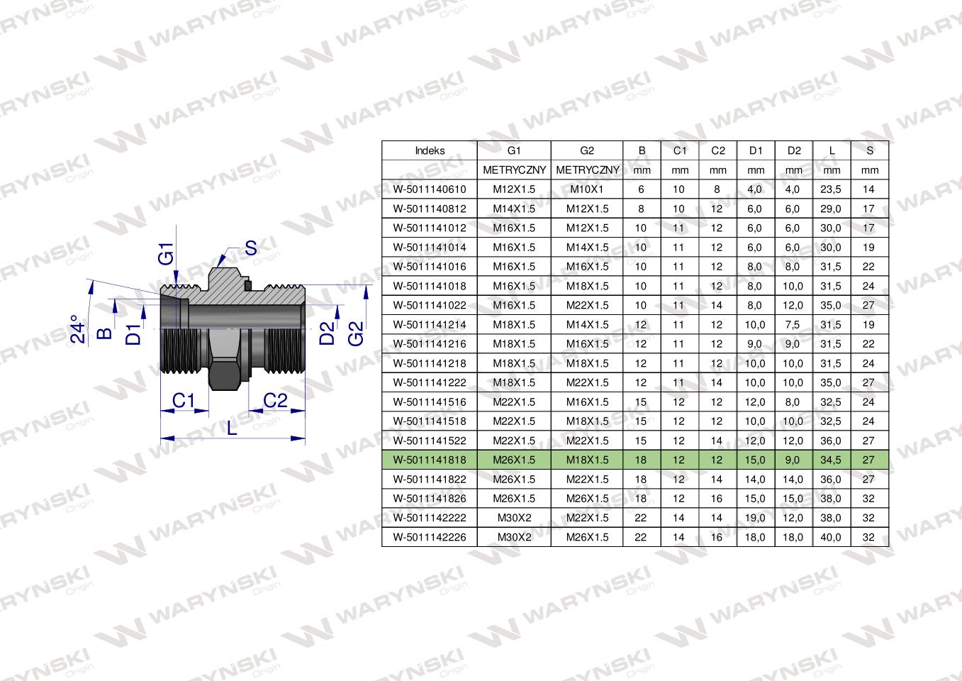 Przyłączka hydrauliczna metryczna BB (XGE) M26x1.5 18L x M18x1.5 ED Waryński ( sprzedawane po 2 )