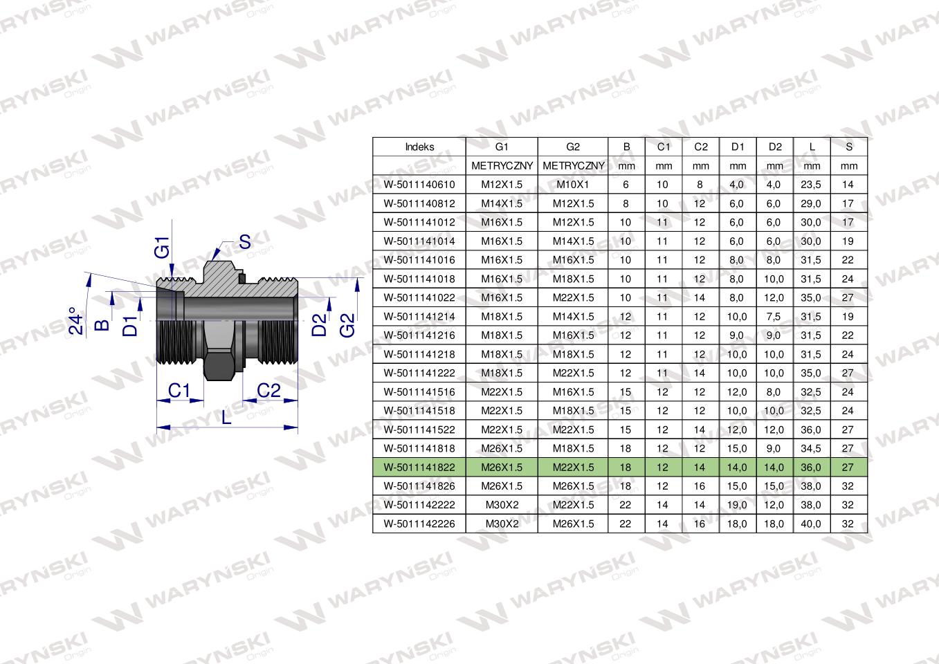 Przyłączka hydrauliczna metryczna BB (XGE) M26x1.5 18L x M22x1.5 ED Waryński ( sprzedawane po 2 )