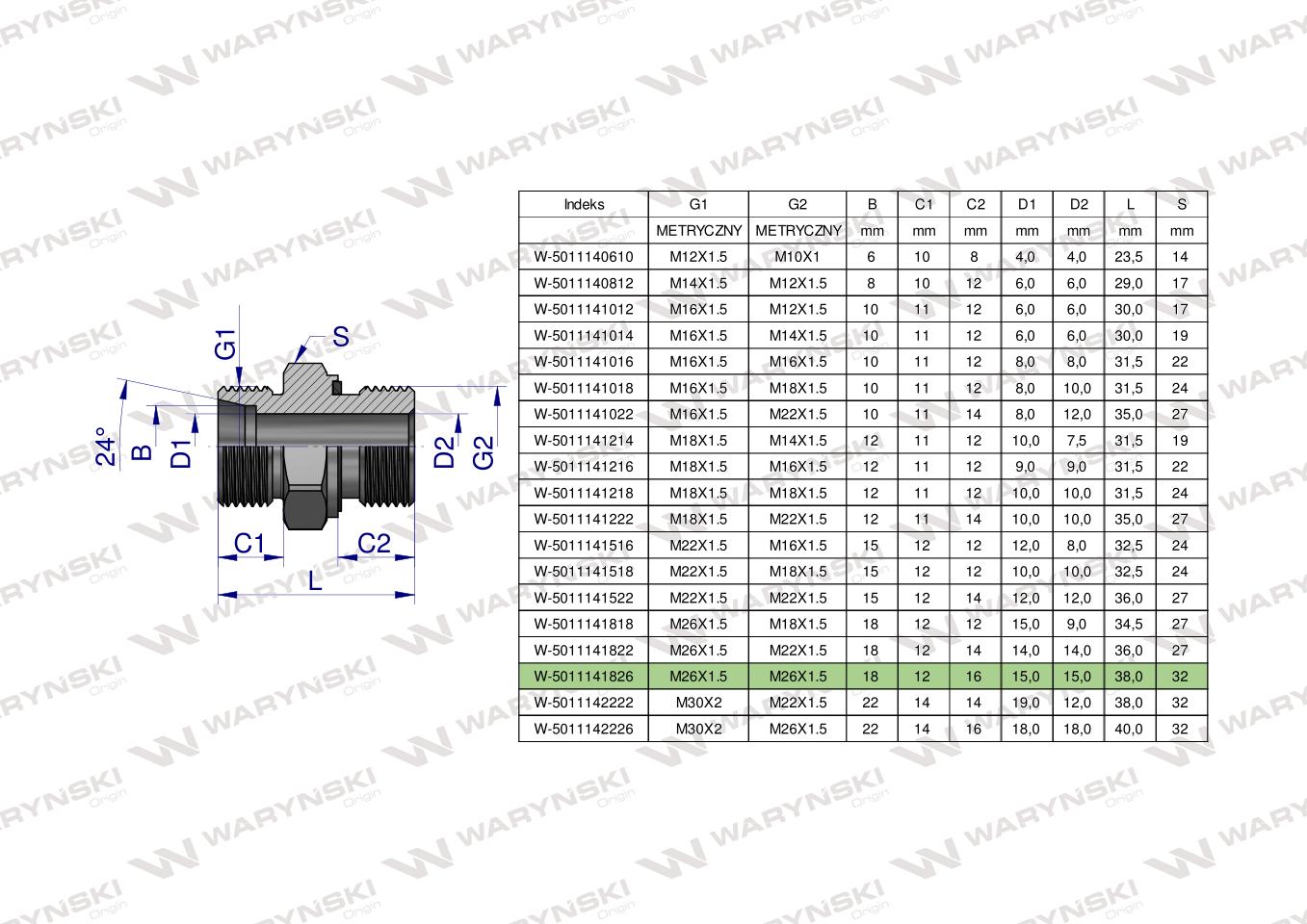 Przyłączka hydrauliczna metryczna BB (XGE) M26x1.5 18L x M26x1.5 ED Waryński ( sprzedawane po 2 )