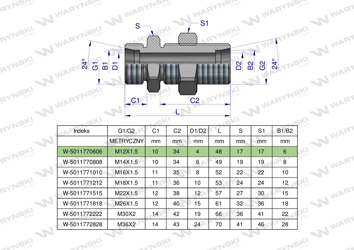 Złączka hydrauliczna metryczna grodziowa BB M12x1.5 06L z przeciwnakrętką (XSV) Waryński ( sprzedawane po 2 )