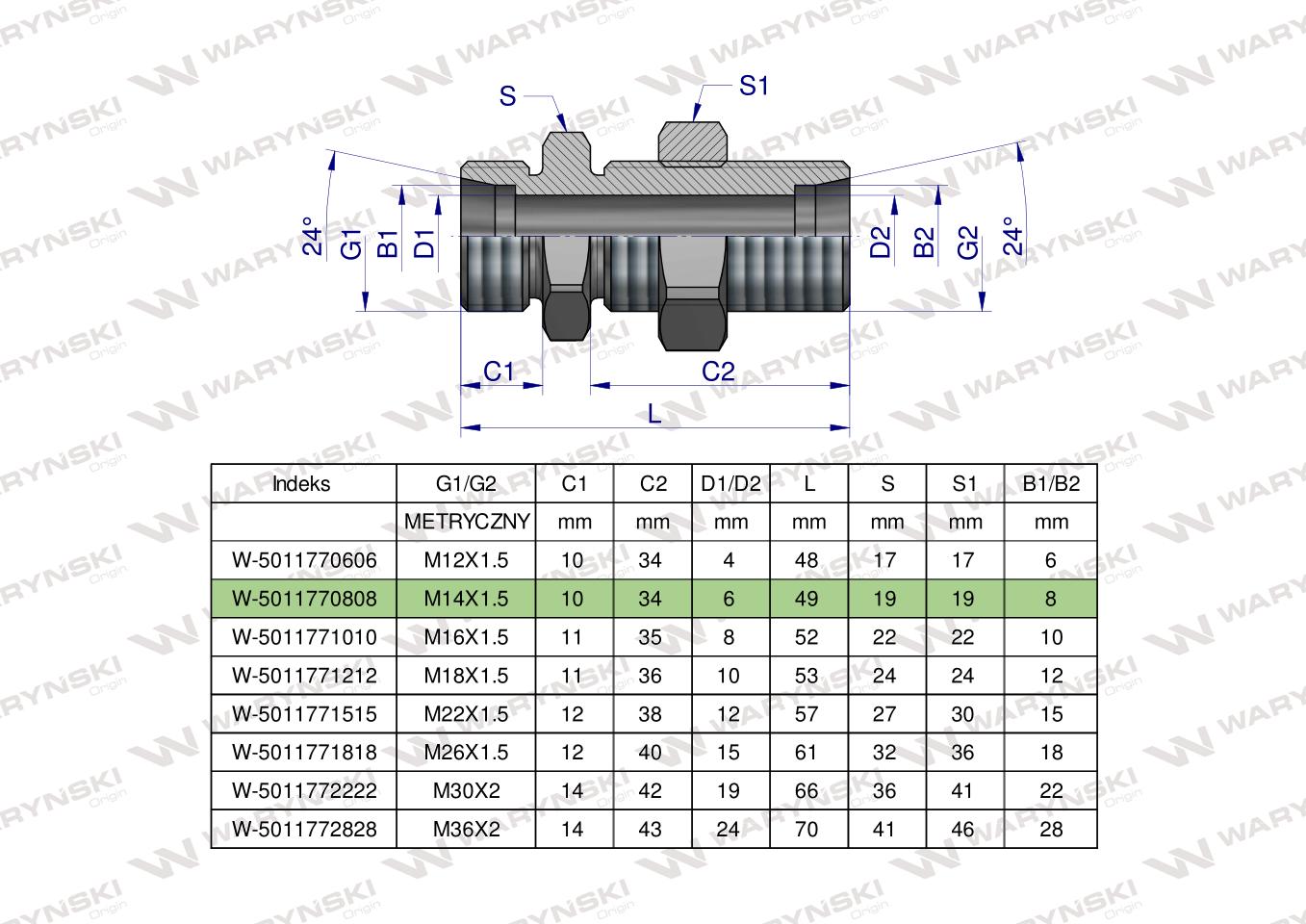 Złączka hydrauliczna metryczna grodziowa BB M14x1.5 08L z przeciwnakrętką (XSV) Waryński ( sprzedawane po 2 )