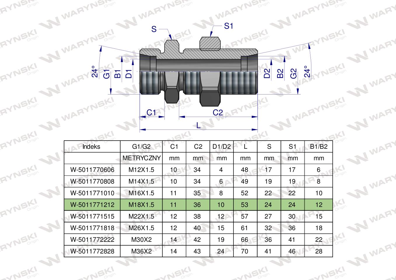 Złączka hydrauliczna metryczna grodziowa BB M18x1.5 12L z przeciwnakrętką (XSV) Waryński ( sprzedawane po 2 )