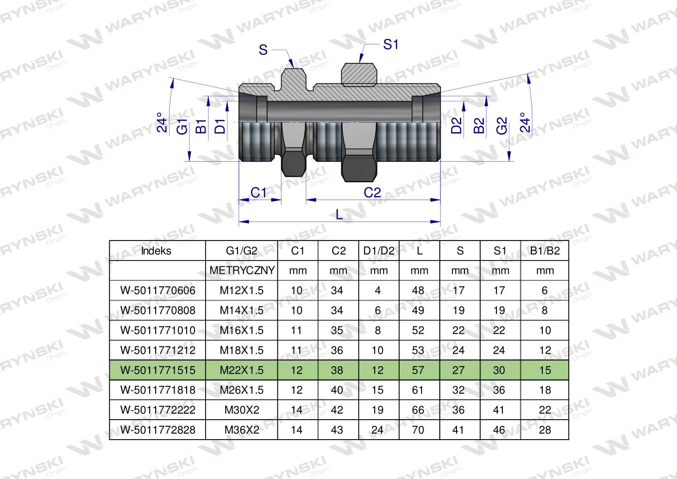 Złączka hydrauliczna metryczna grodziowa BB M22x1.5 15L z przeciwnakrętką (XSV) Waryński ( sprzedawane po 2 )