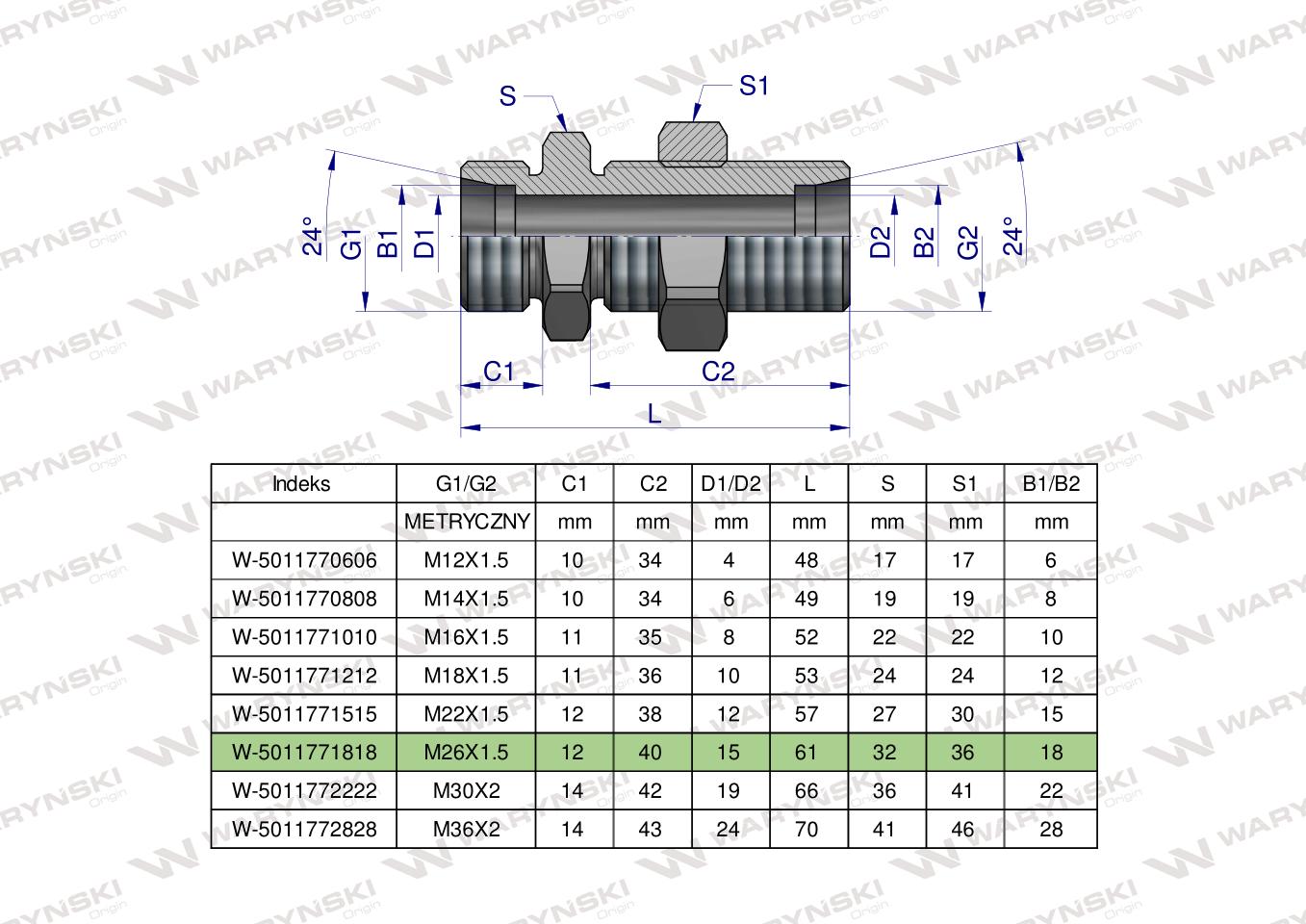 Złączka hydrauliczna metryczna grodziowa BB M26x1.5 18L z przeciwnakrętką (XSV) Waryńśki