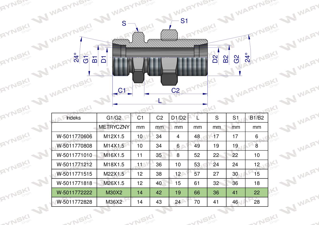 Złączka hydrauliczna metryczna grodziowa BB M30x2 22L z przeciwnakrętką (XSV) Waryński