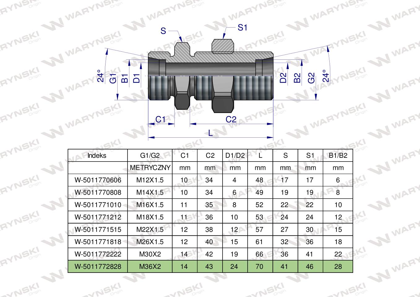 Złączka hydrauliczna metryczna grodziowa BB M36x2 28L z przeciwnakrętką (XSV) Waryński
