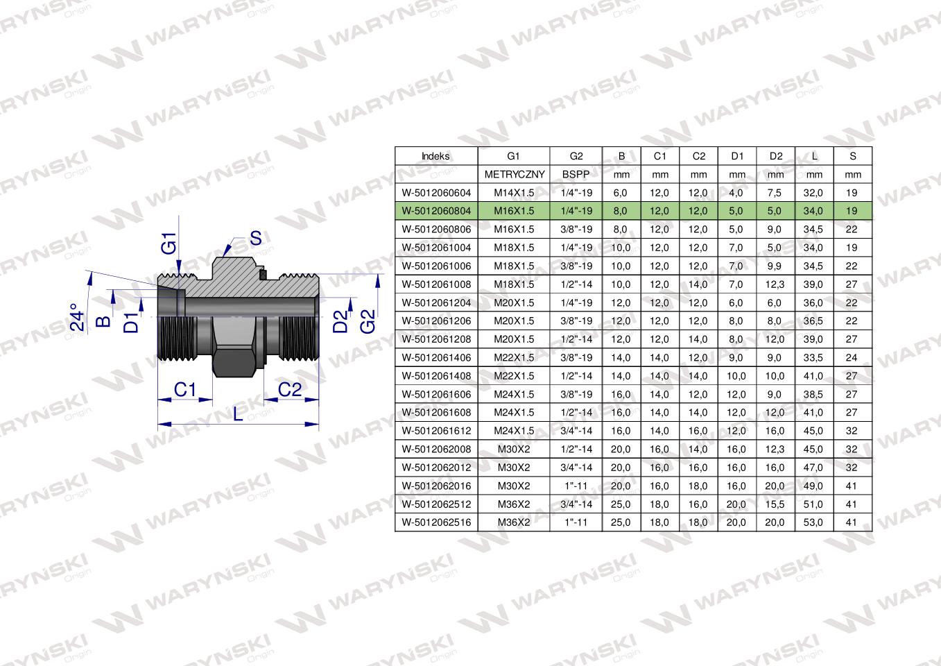Przyłączka hydrauliczna (odmiana ciężka XGE) BB M16x1.5 08S x 1/4" BSP ED Waryński ( sprzedawane po 5 )