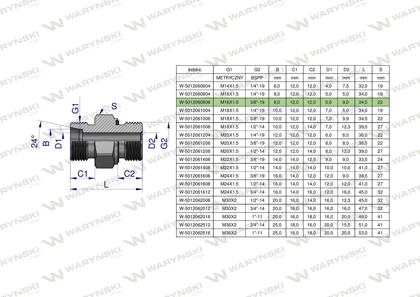 Przyłączka hydrauliczna (odmiana ciężka XGE) BB M16x1.5 08S x 3/8" BSP ED Waryński ( sprzedawane po 5 )