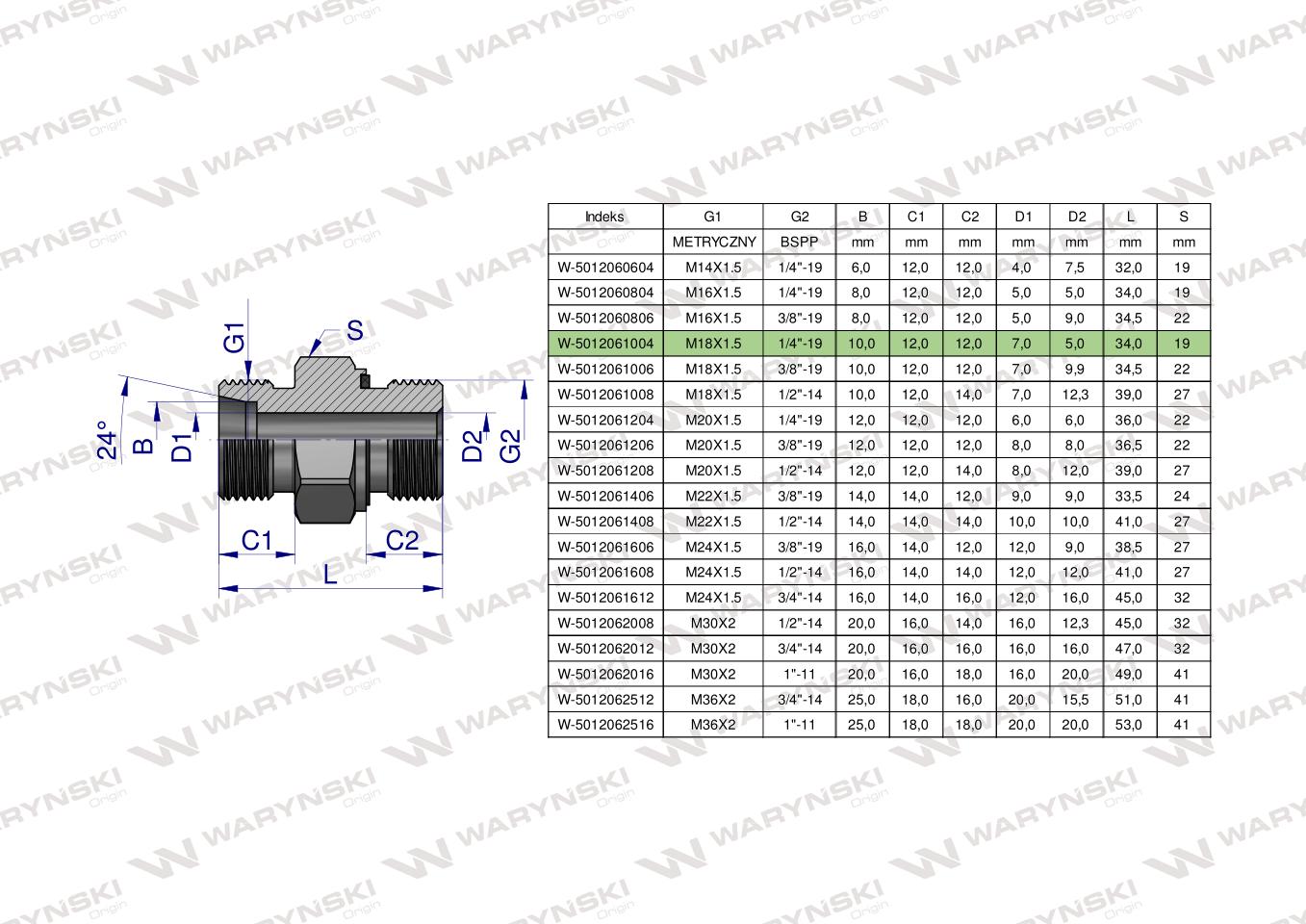 Przyłączka hydrauliczna (odmiana ciężka XGE) BB M18x1.5 10S x 1/4" BSP ED Waryński ( sprzedawane po 5 )
