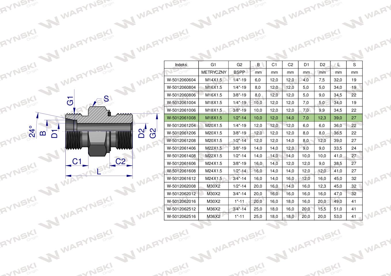 Przyłączka hydrauliczna (odmiana ciężka XGE) BB M18x1.5 10S x 1/2" BSP ED Waryński ( sprzedawane po 5 )