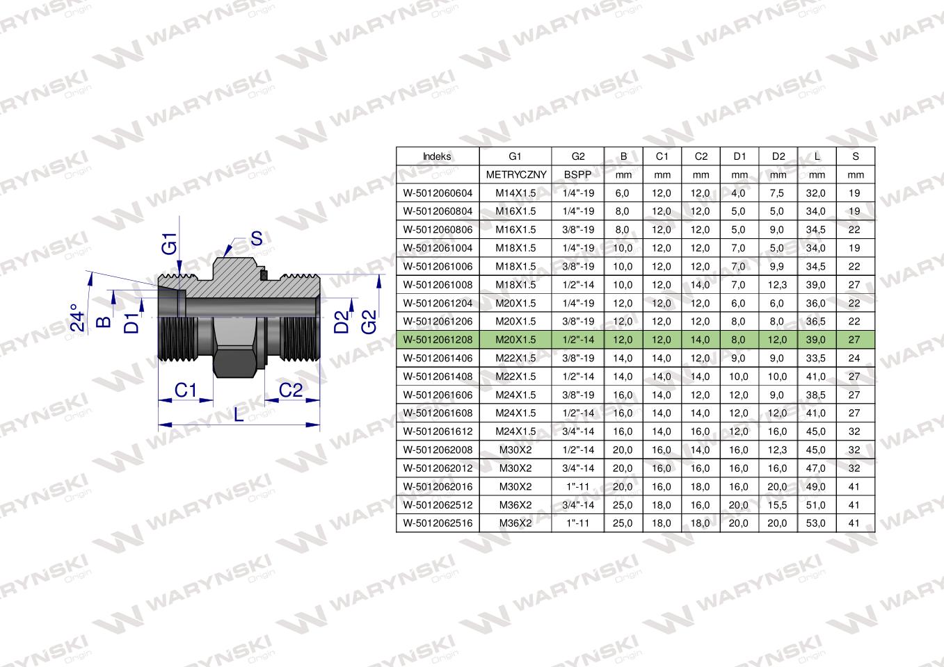 Przyłączka hydrauliczna (odmiana ciężka XGE) BB M20x1.5 12S x 1/2" BSP ED Waryński ( sprzedawane po 5 )