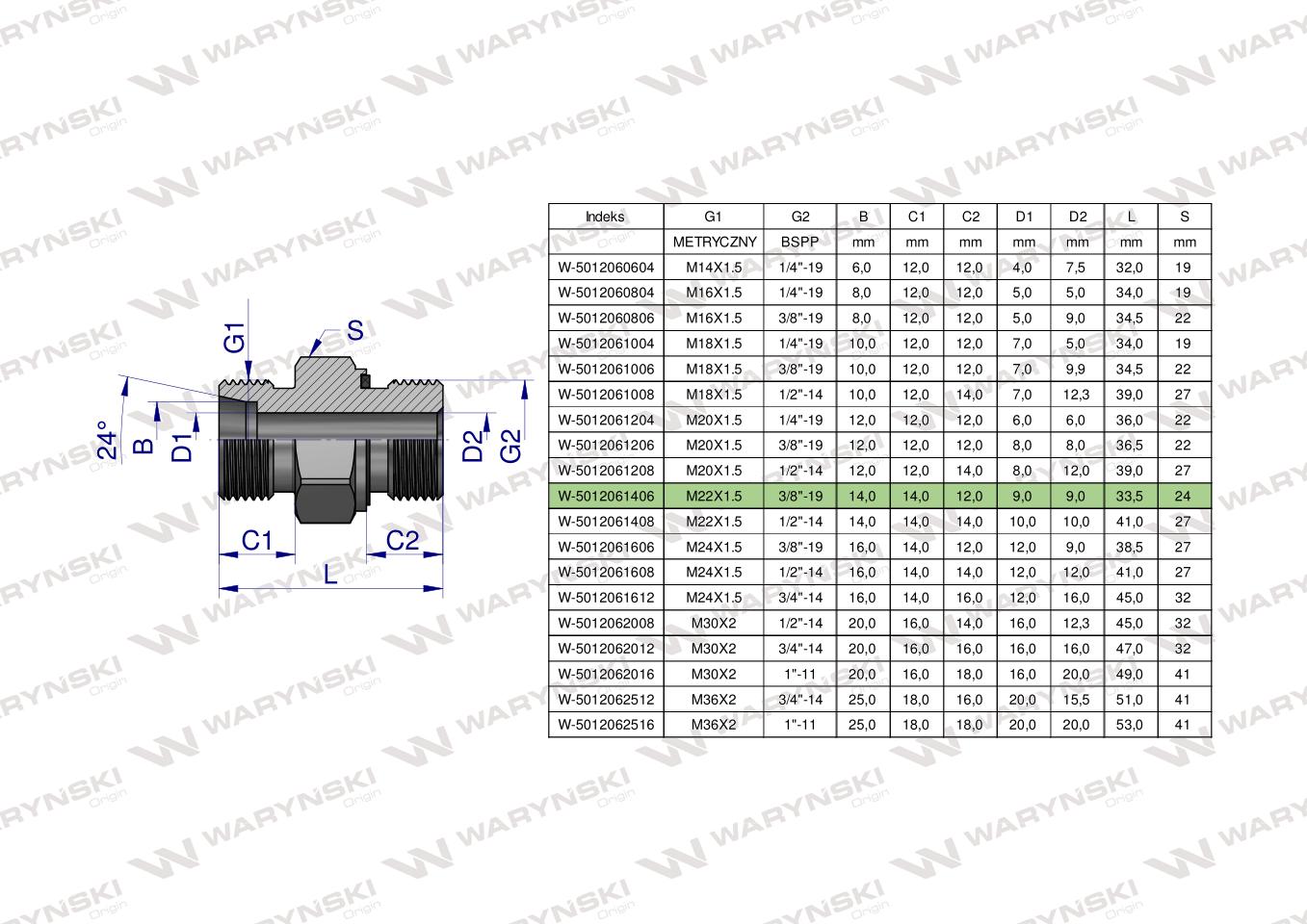 Przyłączka hydrauliczna (odmiana ciężka XGE) BB M22x1.5 14S x 3/8" BSP ED Waryński ( sprzedawane po 5 )