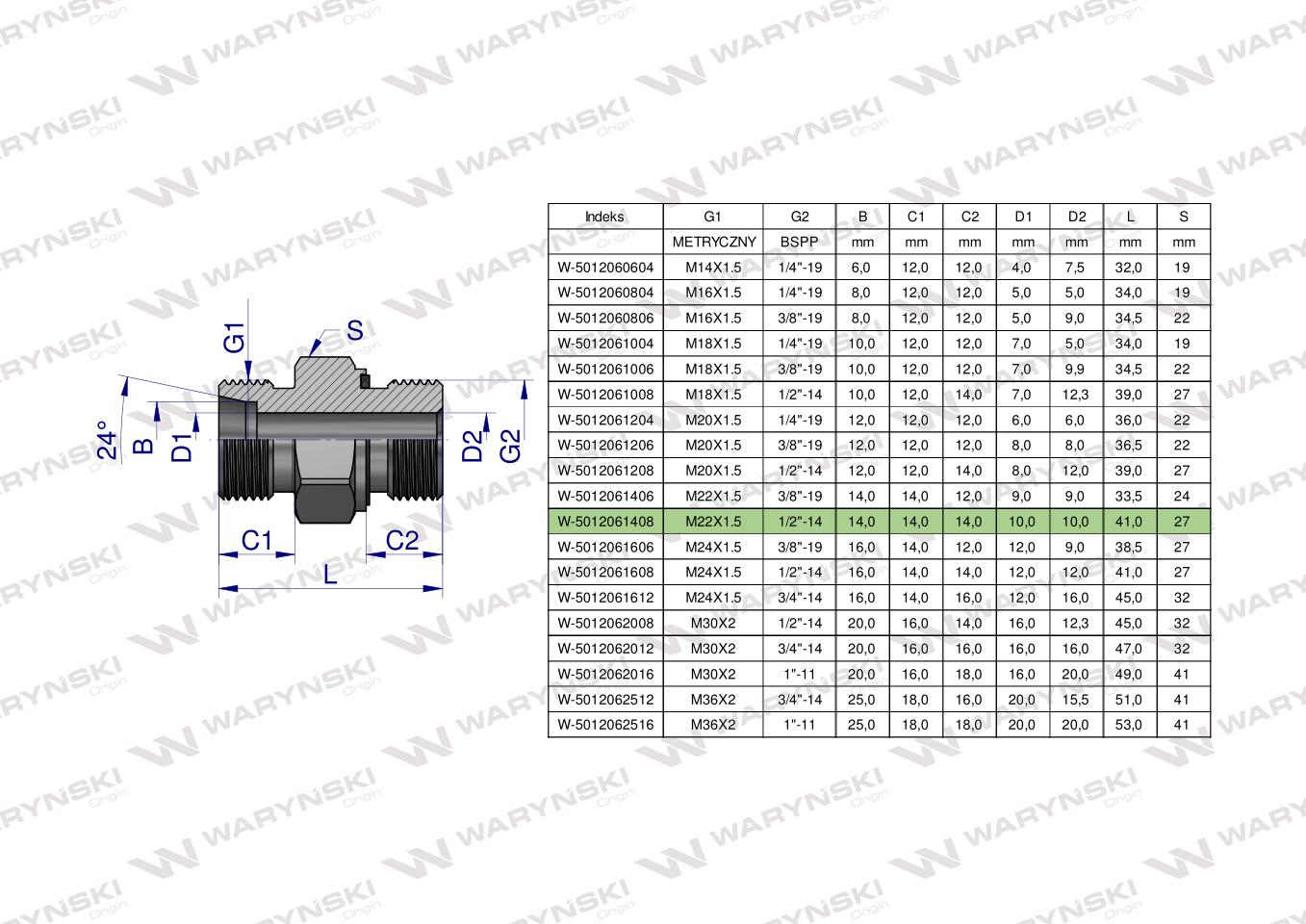 Przyłączka hydrauliczna (odmiana ciężka XGE) BB M22x1.5 14S x 1/2" BSP ED Waryński ( sprzedawane po 5 )