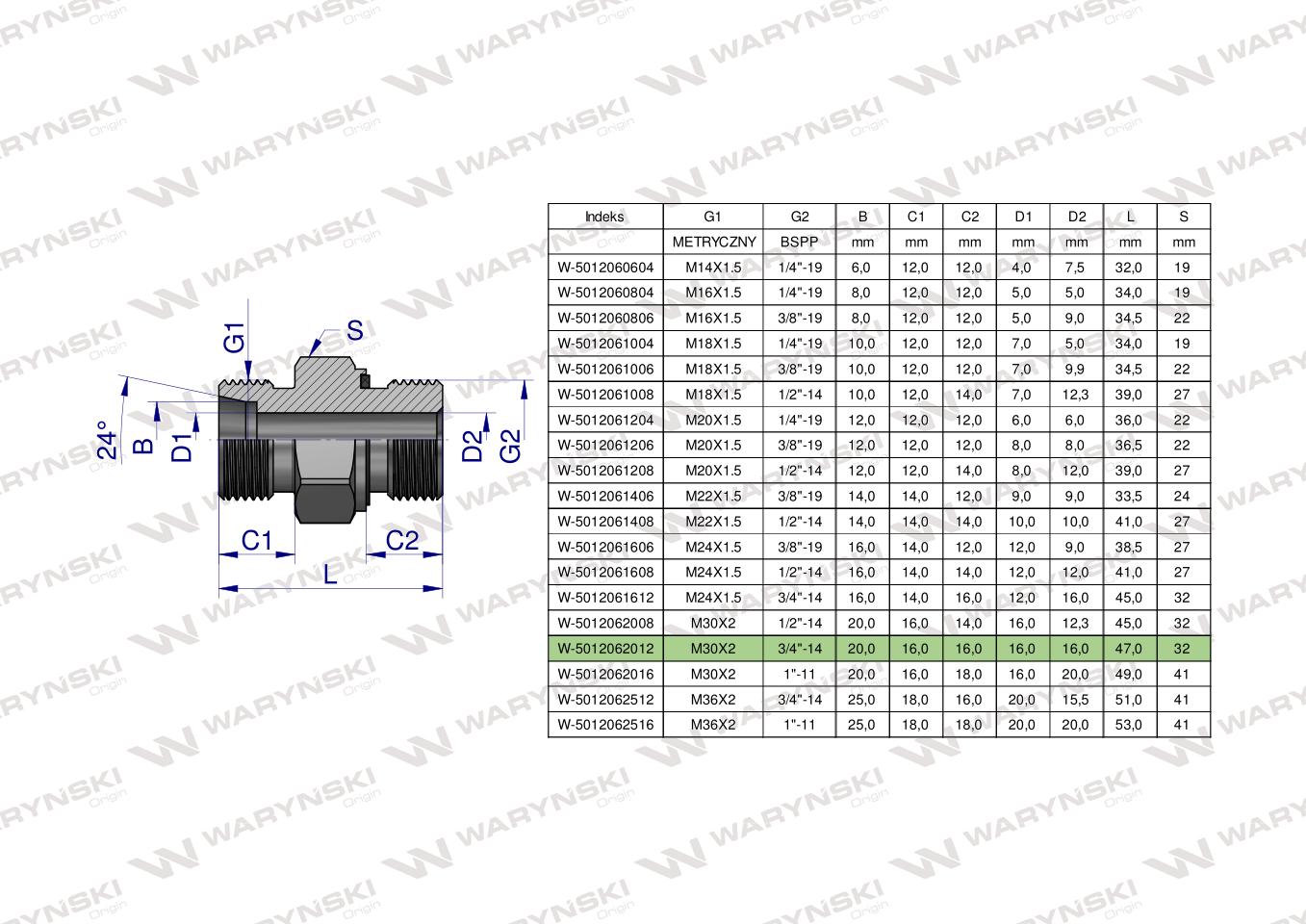 Przyłączka hydrauliczna (odmiana ciężka XGE) BB M30x2 20S x 3/4" BSP ED Waryński ( sprzedawane po 2 )