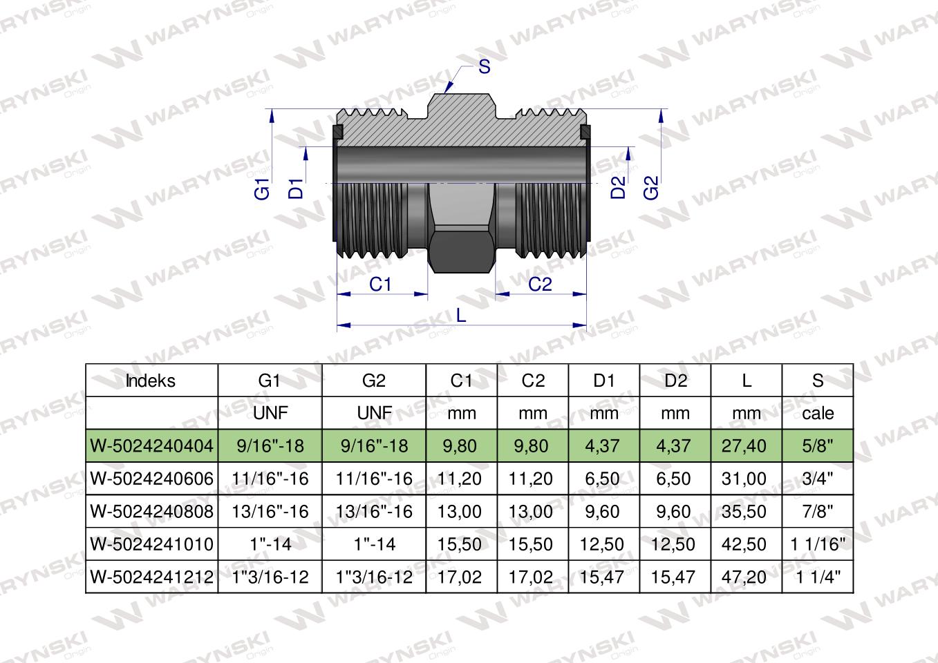 Złączka hydrauliczna calowa BB 9/16" ORFS (UNF) ORFS (UNF) Waryński ( sprzedawane po 2 )