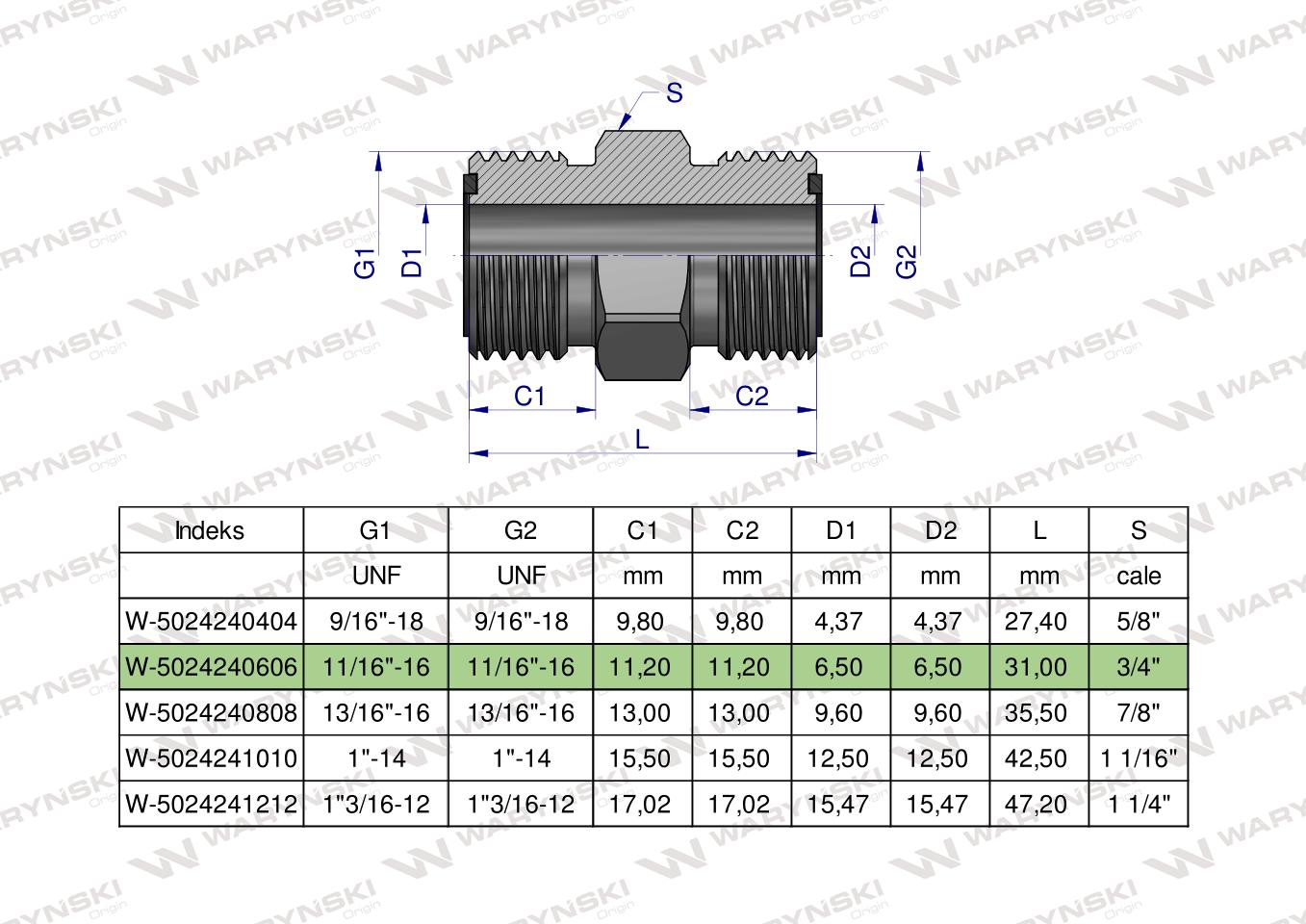 Złączka hydrauliczna calowa BB 11/16" ORFS (UNF) Waryński ( sprzedawane po 2 )
