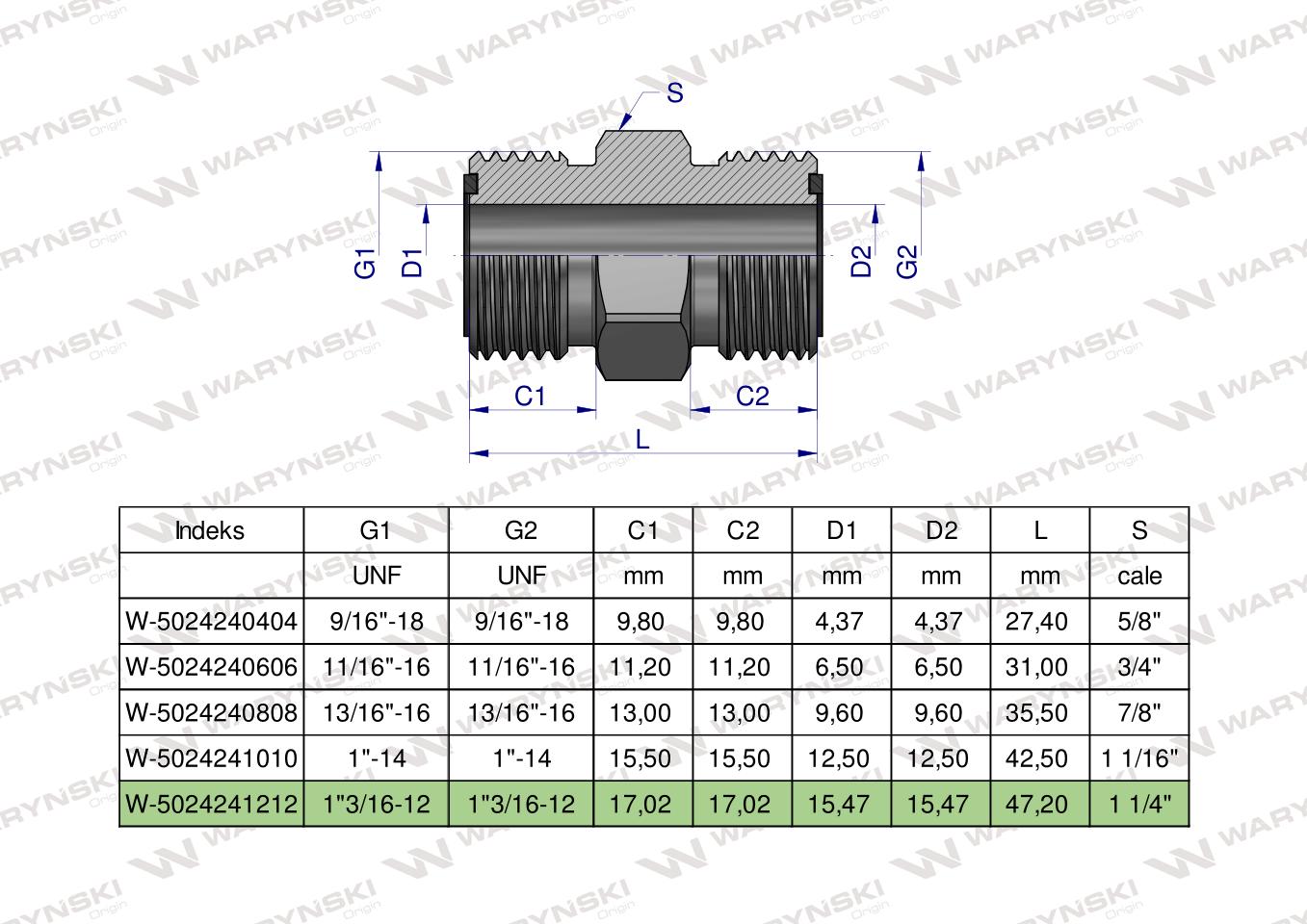 Złączka hydrauliczna calowa BB 1 3/16" ORFS (UNF) Waryński