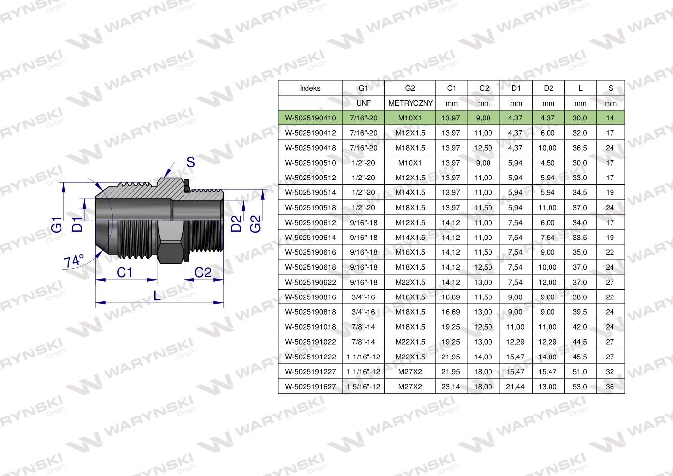 Przyłączka hydrauliczna BB 7/16"UNF (JIC) (JIC) x M10x1 (XGE) Waryński ( sprzedawane po 2 )
