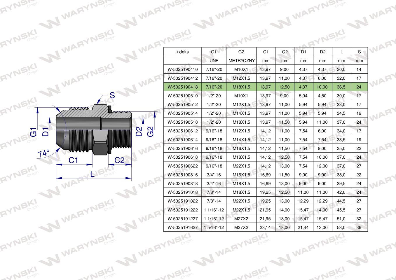Przyłączka hydrauliczna BB 7/16"UNF (JIC) x M18x1.5 (XGE) Waryński ( sprzedawane po 2 )