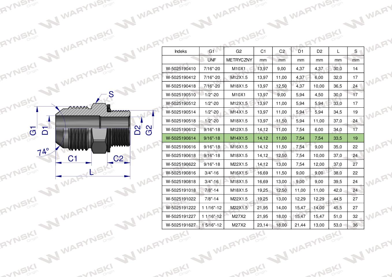 Przyłączka hydrauliczna BB 9/16"UNF (JIC) x M14x1.5 (XGE) Waryński ( sprzedawane po 2 )