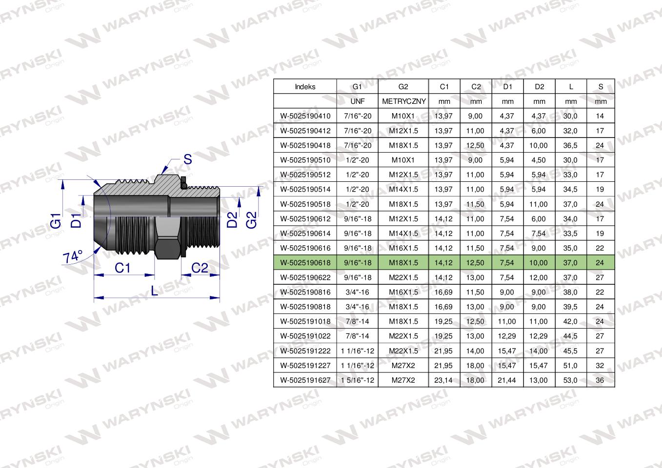 Przyłączka hydrauliczna BB 9/16"UNF (JIC) x M18x1.5 (XGE) Waryński ( sprzedawane po 2 )
