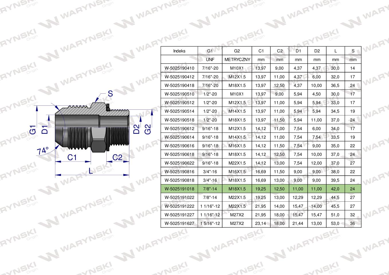 Przyłączka hydrauliczna BB 7/8"UNF (JIC) x M18x1.5 (XGE) Waryński ( sprzedawane po 2 )