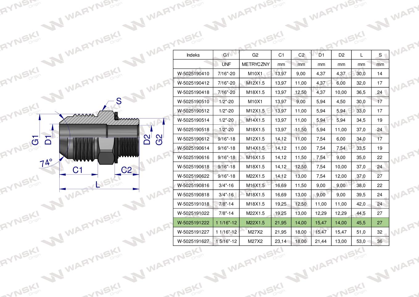 Przyłączka hydrauliczna BB 1 1/16"UNF (JIC) x M22x1.5 (XGE) Waryński ( sprzedawane po 2 )