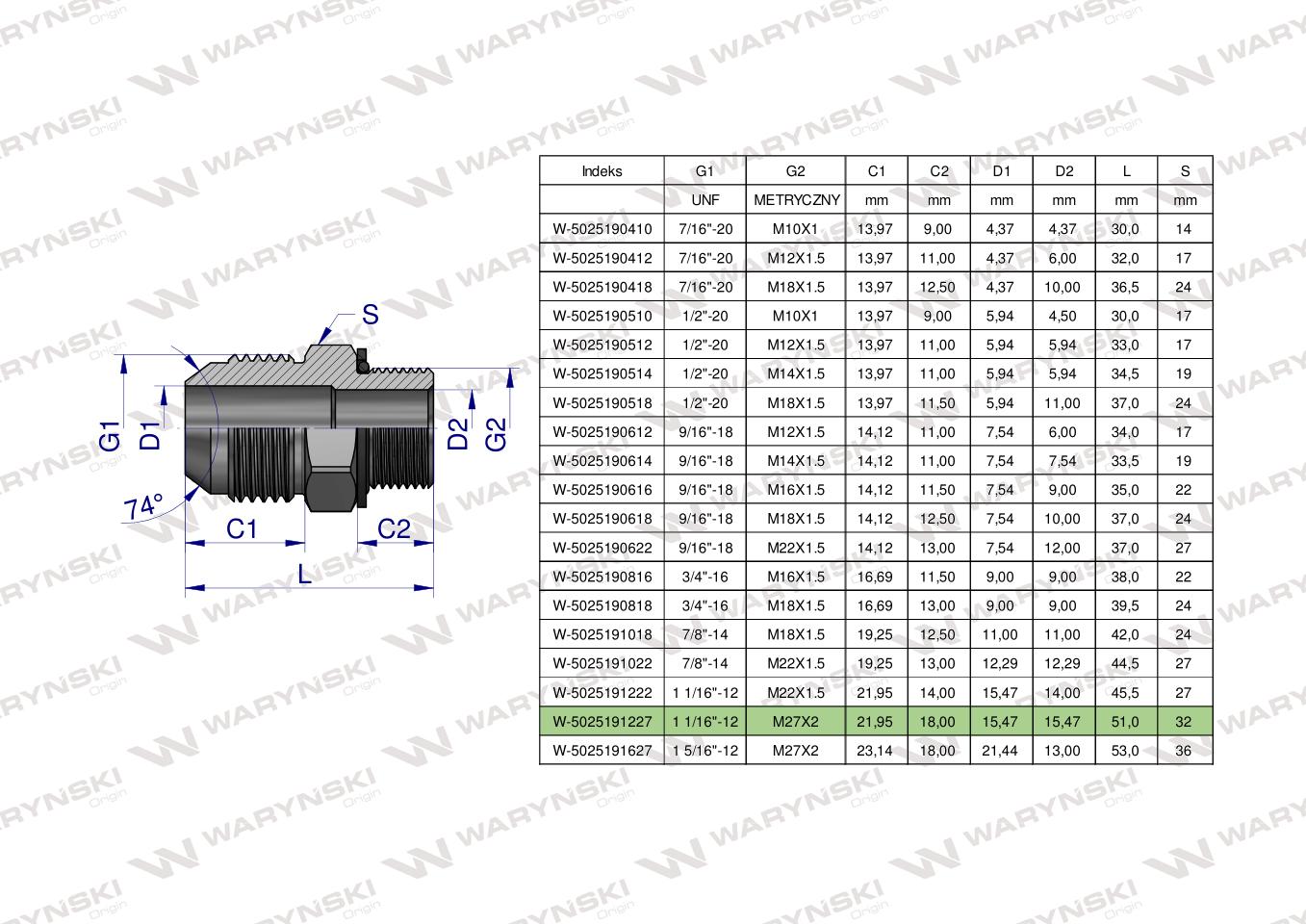 Przyłączka hydrauliczna BB 1 1/16"UNF (JIC) x M27x2 (XGE) Waryński ( sprzedawane po 2 )