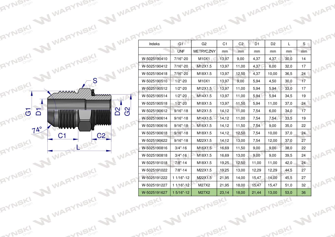 Przyłączka hydrauliczna BB 1 5/16"UNF (JIC) x M27x2 (XGE) Waryński ( sprzedawane po 2 )