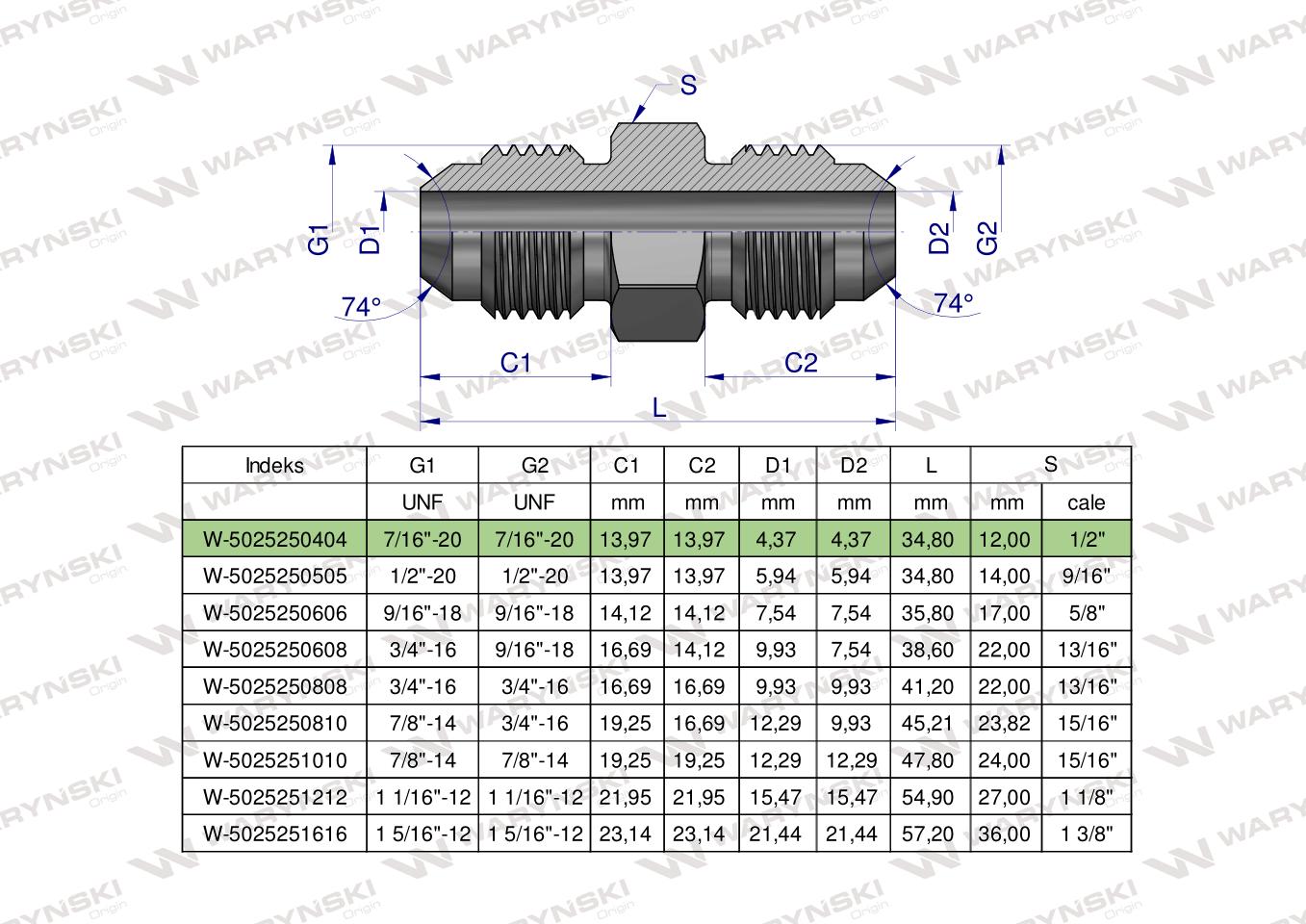 Złączka hydrauliczna calowa BB 7/16" UNF (JIC) Waryński ( sprzedawane po 2 )