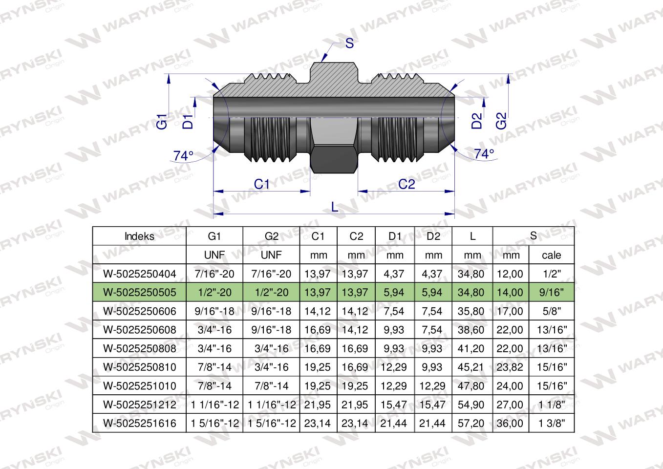 Złączka hydrauliczna calowa BB 1/2" UNF (JIC) Waryński ( sprzedawane po 2 )