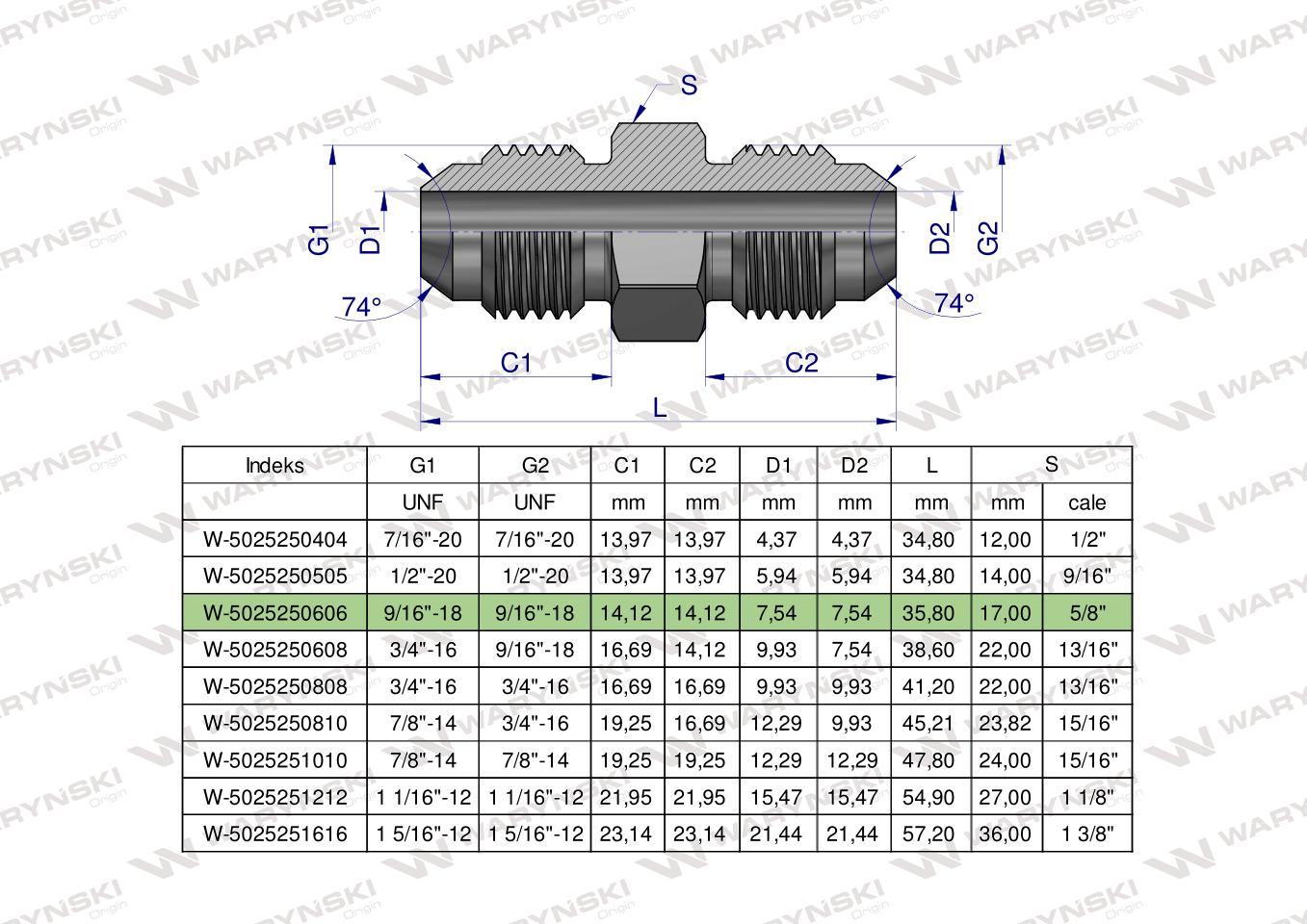 Złączka hydrauliczna calowa BB 9/16" UNF (JIC) Waryński ( sprzedawane po 2 )