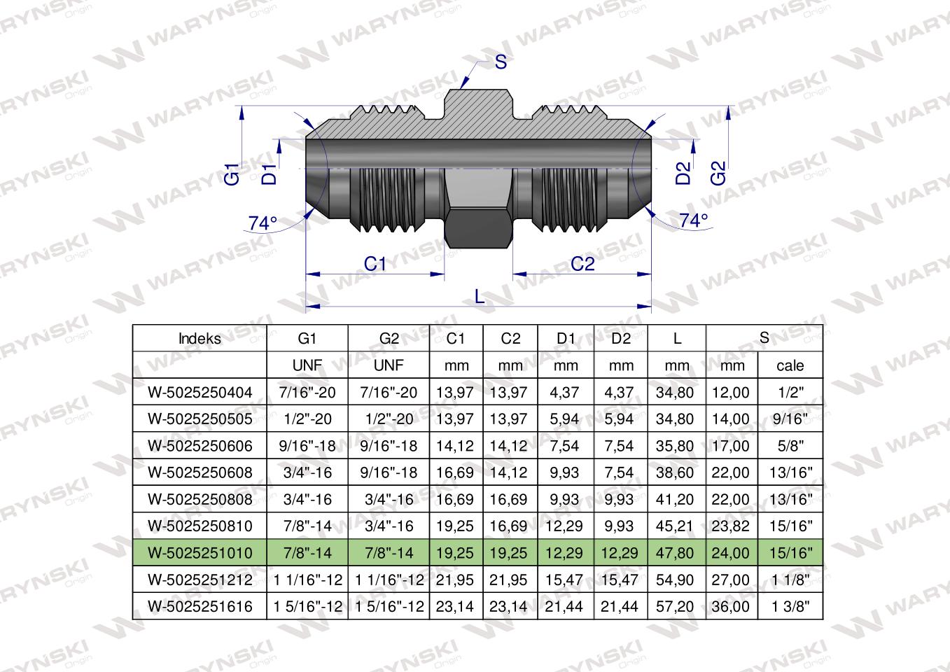 Złączka hydrauliczna calowa BB 7/8" UNF (JIC) Waryński ( sprzedawane po 2 )