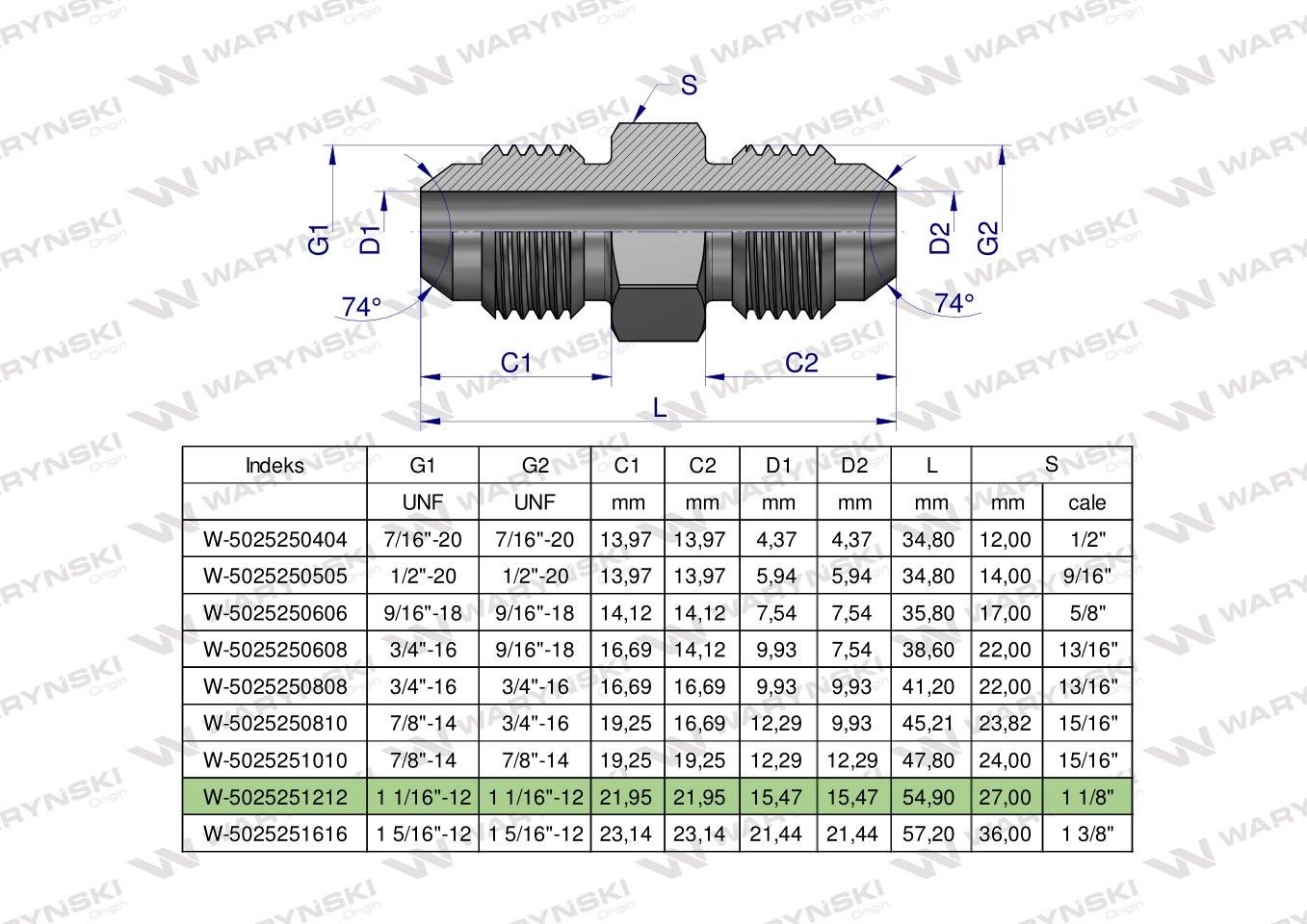 Złączka hydrauliczna calowa BB 1 1/16" UNF (JIC) Waryński
